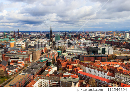 Aerial view of Hamburg city center, Germany. View from bell tower of St. Michael's Church Aerial view of Hamburg city center, Germany. View from bell tower of St. Michael's Church 111544894