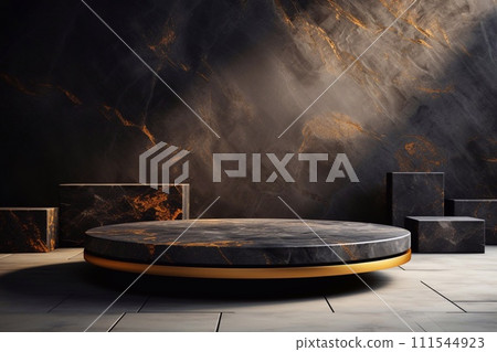 Black marble pedestal in front of black marble wall. 3d rendering 111544923
