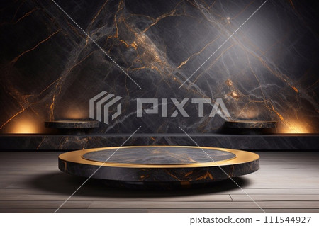 Black marble podium on a dark background. 3d rendering mock up 111544927