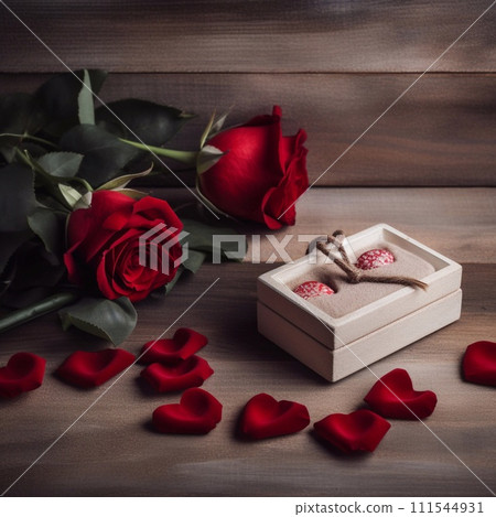 Valentine's day gift box with red roses on wooden background 111544931