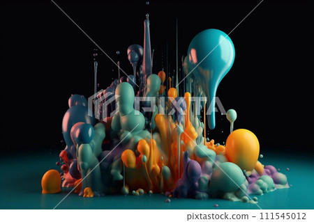 Multi-colored paint splashes float in the air. 111545012