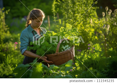 Woman Gathering Herbs in Sunlit Garden. 111545235