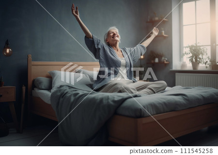 Elderly Lady Celebrating Morning in Pajamas 111545258