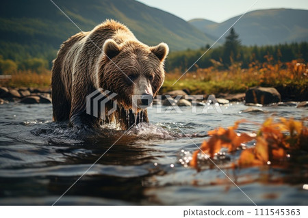 Brown bear fishing in a river. Generative AI 111545363