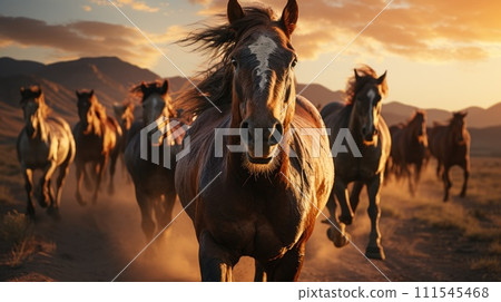 A herd of wild horses rides across the steppe. Generative AI 111545468