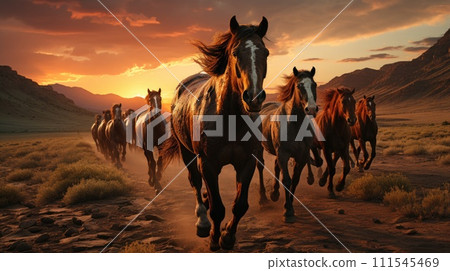 A herd of wild horses rides across the steppe. Generative AI 111545469