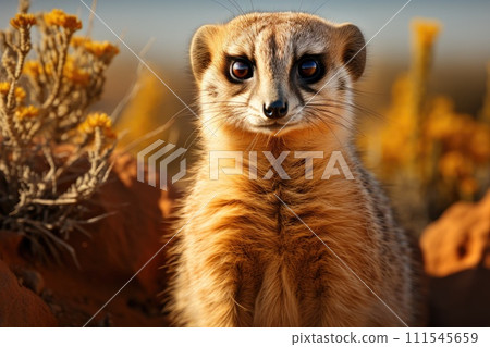 Meerkat on guard in the prairie. Generative AI 111545659