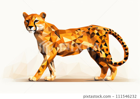 AI-generated content. Wildlife Abstract Tiger in Geometric Safari: A Powerful Predator's Triangular Poly Art Head on African Landscape 111546232