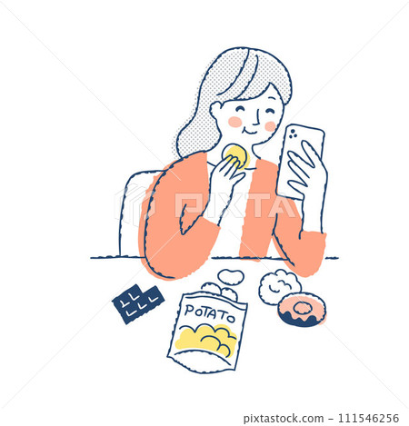 女人一邊吃糖果一邊看智慧型手機 111546256