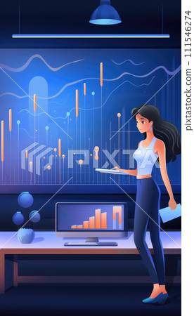 Animated character in a futuristic office analyzing data on digital screens with graphs and charts. Animated character in a futuristic office analyzing data on digital screens with graphs and charts. 111546274