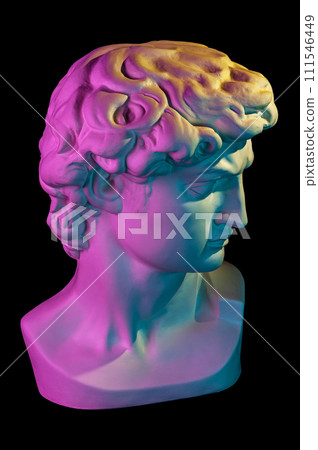 Gypsum copy of head statue David in bright neon colors for artists isolated on a black background. Face famous sculpture youth of David by Michelangelo. Template design for dj, fashion, poster, zine. Gypsum copy of head statue David in bright neon colors for artists isolated on a black background. Face famous sculpture youth of David by Michelangelo. Template design for dj, fashion, poster, zine. 111546449
