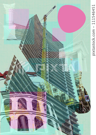 Urban environment and city life. Surreal art collage with elements of architectural details, building facades, construction sites. Mixed industrial background of modern and historical architecture. Urban environment and city life. Surreal art collage with elements of architectural details, building facades, construction sites. Mixed industrial background of modern and historical architecture. 111546451