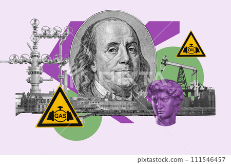 Pop art collage with antique statue head, industrial objects and portrait Benjamin Franklin from the 100 dollars bill. Alternative zine culture. Surreal poster, template for concept design or cover. Pop art collage with antique statue head, industrial objects and portrait Benjamin Franklin from the 100 dollars bill. Alternative zine culture. Surreal poster, template for concept design or cover. 111546457