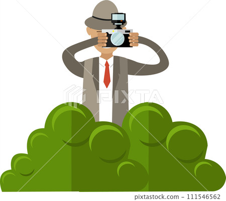 Detective with photo camera peeking from bushes vector icon isolated on white 111546562