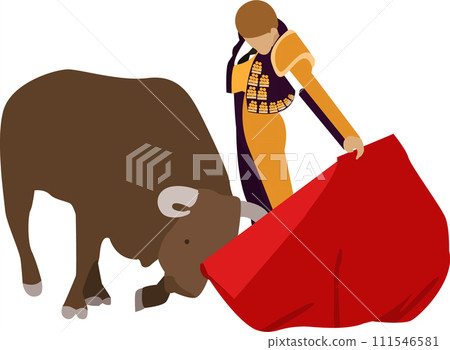 Bullfighter with red cloth and bull vector icon isolated on white 111546581