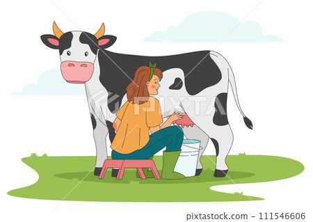 woman sitting on a stool and milking a cow in a meadow, rural vector illustration woman sitting on a stool and milking a cow in a meadow, rural vector illustration 111546606