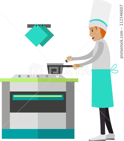 Chef preparing food salting boiling water on stove vector icon isolated on white 111546607