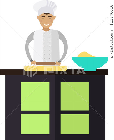 Baker kneading dough on kitchen vector icon isolated on white 111546616