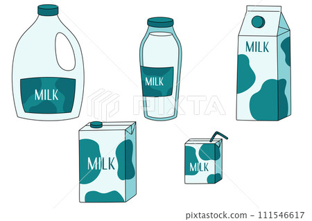 set of different package of dairy products, milk in boxes and bottles, container icons 111546617