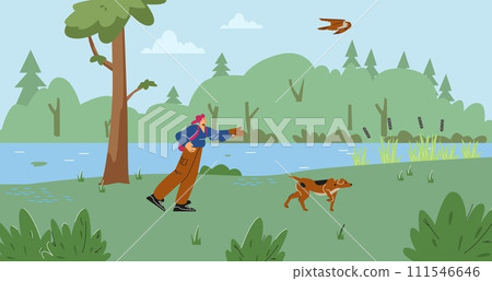 Person and hawking glove hunting with falcon bird and dog in the forest near the lake, vector cartoon Falconry training 111546646