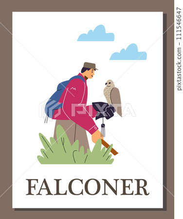 Man with backpack and hawking glove holding falcon bird on nature, cartoon vector Falconer poster, falconry, hunting Man with backpack and hawking glove holding falcon bird on nature, cartoon vector Falconer poster, falconry, hunting 111546647