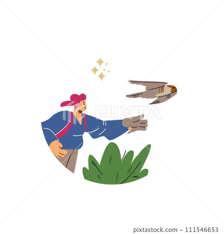 Round shape with smiling woman extends gloved hand to flying falco 111546653