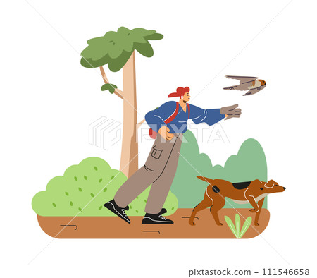 Person with backpack and hawking glove hunting with falcon bird and dog in the forest, cartoon vector Falconry training 111546658
