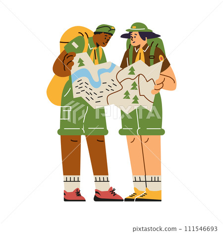 Scout travelers look at the map. isolated flat illustration. 111546693