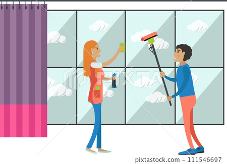 Happy family couple cleaning window vector icon isolated on white 111546697