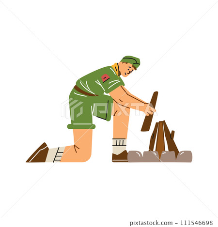 Boy wear scout uniform puts brushwood, branches for campfire, vector cartoon scout character, camp outdoor activities 111546698