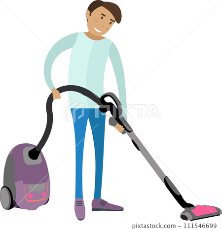 Man vacuuming floor vector icon isolated on white Man vacuuming floor vector icon isolated on white 111546699
