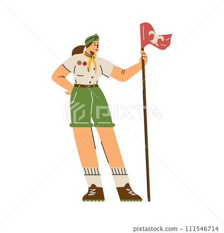 Girl wear scout uniform, neckerchief holding a flag, cartoon summer camp scouts leadership character vector illustration 111546714