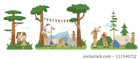 Scouts kids summer camp scenery set, flat cartoon vector illustration isolated. 111546722