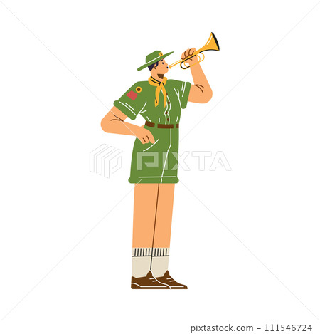 Boy wear scout uniform, neckerchief blows the trumpet fife, cartoon summer camp scouts fifer, vector outdoor activities 111546724