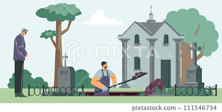 A worker digs with shovel hole for grave on cemetery, burial service agency, funeral ceremony vector gravestone burial A worker digs with shovel hole for grave on cemetery, burial service agency, funeral ceremony vector gravestone burial 111546734