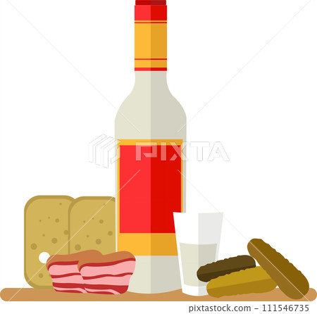 Vodka beverage and traditional food snack vector icon isolated on white 111546735