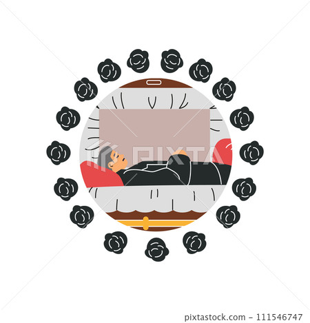 Dead man in coffin vector illustration in round frame with black flowers, funeral, mourning tradition, burial ceremony 111546747