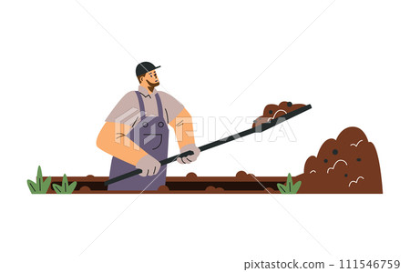 Cemetery worker dig grave with shovel. Man dripping pit in ground vector illustration Cemetery worker dig grave with shovel. Man dripping pit in ground vector illustration 111546759