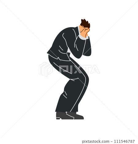Man in black clothes mourns the dead, person in sadness weeping and mourning, vector funeral ritual ceremonial sorrow Man in black clothes mourns the dead, person in sadness weeping and mourning, vector funeral ritual ceremonial sorrow 111546787