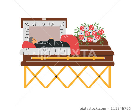 Dead man in coffin flat vector funeral, mourning tradition, burial ceremony of corpse human, ritual service with flowers 111546795