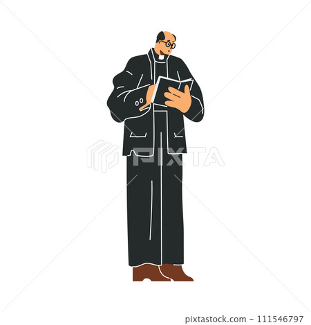 Priest in black clothes with book in hands hold farewell ceremony for deceased. Churchman reading prayer. Priest in black clothes with book in hands hold farewell ceremony for deceased. Churchman reading prayer. 111546797