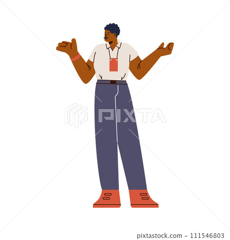 Man with badge in presenting pose, vector cartoon shop assistance, consultant seller helps to choose advertises isolated 111546803
