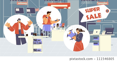 People in electronic shop, flat cartoon style vector illustration People in electronic shop, flat cartoon style vector illustration 111546805