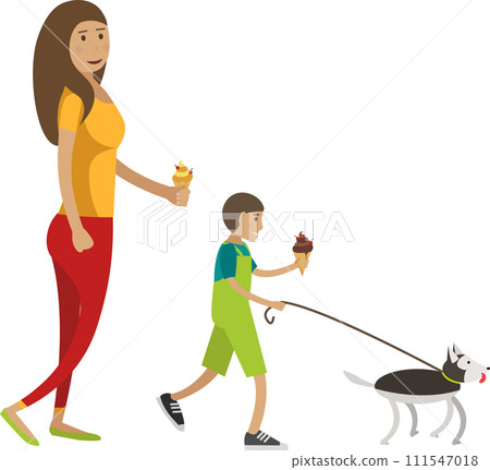 Mother and son eating ice-cream walking with dog vector icon isolated on white Mother and son eating ice-cream walking with dog vector icon isolated on white 111547018