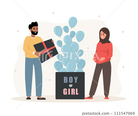 Gender reveal party. Its a boy. Couple opening surprise gift box with inscription Boy or girl. Arabian family expecting unborn child. Blue balloons. Baby shower. Vector illustration in cartoon style Gender reveal party. Its a boy. Couple opening surprise gift box with inscription Boy or girl. Arabian family expecting unborn child. Blue balloons. Baby shower. Vector illustration in cartoon style 111547069