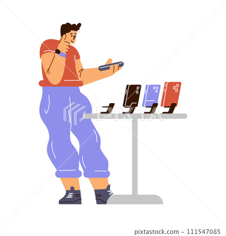 Man customer looking for smartphone or tablet, choosing new digital device, modern gadget in electronic store vector Man customer looking for smartphone or tablet, choosing new digital device, modern gadget in electronic store vector 111547085