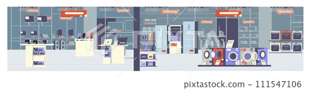Empty electronic shop appliances store, vector illustrations set of retail business, household and digital appliances 111547106