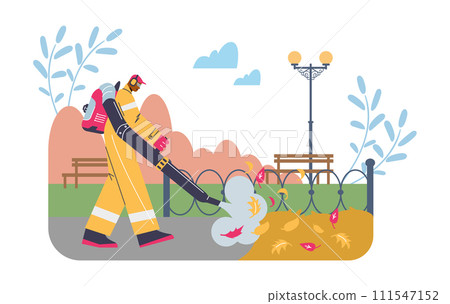 Man with blower cleanup autumn city park, janitor using machine blows out fallen leaves, vector street cleaner service 111547152