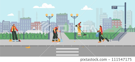 Street cleaners, cartoon landscape with people, vector illustration 111547175