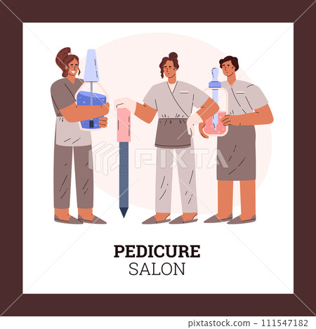 Manicurists or nail artists with huge nail care cosmetic product, cuticle remover bottle, Pedicure salon vector poster 111547182